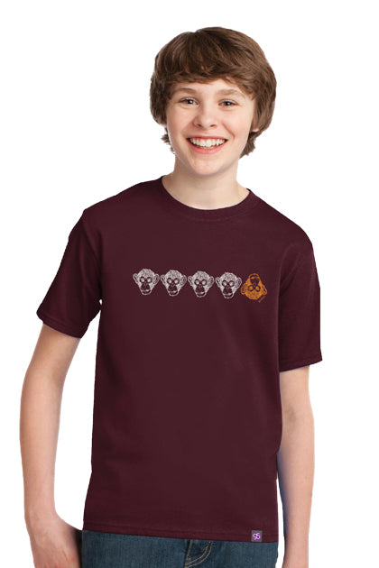 Kids’ Five Things T-Shirt Series: Monkeys Athletic Maroon 100% cotton