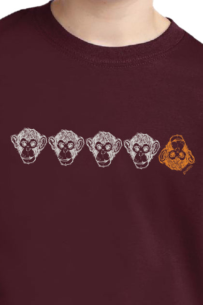 Kids’ Five Things T-Shirt Series: Monkeys Athletic Maroon 100% cotton